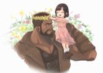 1boy 1girl bangs barret_wallace beard black_shirt bob_cut brown_eyes brown_hair brown_vest child closed_eyes dress facial_hair father_and_daughter final_fantasy final_fantasy_vii final_fantasy_vii_remake flower full_body gloves head_wreath highres marlene_wallace muscular muscular_male open_mouth parted_bangs pectorals pink_dress scar scar_on_cheek scar_on_face shirt short_hair sitting_on_shoulder smile upper_body very_short_hair vest yufei1236 
