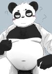  2022 anthro barely_visible_genitalia barely_visible_penis belly big_belly black_body black_nose blush clothed clothing eyes_closed genitals giant_panda hi_res kemono male mammal moobs navel nipples open_clothing open_shirt open_topwear overweight overweight_male penis question_mark shirt simple_background sitting solo tobyou_222 topwear ursid white_body 