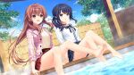  2girls :d ahoge alpha_(yukai_na_nakamatachi) ayase_aisa bangs bare_legs barefoot black_hair black_ribbon blue_eyes blue_scrunchie blue_sky brown_eyes brown_hair cloud day dress_shirt dutch_angle floating_hair game_cg grey_skirt hair_between_eyes hair_ornament hair_over_shoulder hair_scrunchie hairclip jacket long_hair miniskirt multiple_girls neck_ribbon onsen open_clothes open_jacket open_mouth outdoors pink_jacket plaid plaid_jacket plaid_skirt pleated_skirt red_skirt ribbon scrunchie shiny shiny_hair shirt skirt sky smile soaking_feet soles sousaku_kanojo_no_renai_koushiki tsukimizaka_kiriha very_long_hair white_shirt 