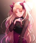  1girl black_shirt blonde_hair blush bow closed_mouth ereshkigal_(fate) eyebrows_visible_through_hair fate/grand_order fate_(series) hair_bow hair_intakes hair_twirling high-waist_skirt highres long_hair long_sleeves nail_polish orange_eyes red_bow red_nails red_skirt satsu_oekaki shiny shiny_hair shirt skirt solo twintails upper_body very_long_hair 