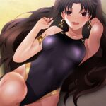  1girl :d armlet armpits bare_arms black_swimsuit breasts brown_hair collarbone competition_swimsuit earrings fate/grand_order fate_(series) hair_intakes highleg highleg_swimsuit ishtar_(fate) jewelry long_hair looking_at_viewer lying medium_breasts on_back one-piece_swimsuit open_mouth red_eyes smile solo sparkle swimsuit very_long_hair yadokari_genpachirou 