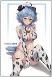  1girl absurdres aelion_draws ahoge animal_print artist_name bangs bare_shoulders bell between_legs bikini blue_hair blush breasts brown_eyes choker cleavage cow_print cowbell crossed_bangs elbow_gloves eyebrows_visible_through_hair feet_out_of_frame frilled_choker frills ganyu_(genshin_impact) genshin_impact gloves goat_horns hand_between_legs highres horns large_breasts lips long_hair looking_at_viewer navel patreon_username shadow sidelocks sitting skindentation solo swimsuit thighhighs thighs white_background 