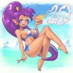  big_breasts bikini breasts clothing ear_piercing ear_ring female genie hair hi_res humanoid humanoid_pointy_ears not_furry pattern_bikini pattern_clothing pattern_swimwear piercing purple_hair shantae shantae_(series) side-tie_bikini solo striped_bikini striped_clothing striped_swimwear stripes supersatanson swimwear video_games wayforward 