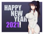  1girl 2021 aqua_eyes black_hair border bralines breasts brown_hair covered_navel cowboy_shot dress english_commentary gradient_hair hair_between_eyes hands_on_thighs happy_new_year high_ponytail large_breasts long_hair long_sleeves looking_at_viewer multicolored_hair name_tag open_mouth original outside_border pants pantylines rannero sidelocks sideways_glance smile solo spread_fingers vietnamese_dress white_border white_dress white_pants 