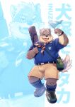  absurd_res anthro bottomwear bulge canid canine canis clothing daisukebear domestic_dog eyebrows footwear fur grey_body grey_fur hi_res lifewonders male mammal moritaka musclegut scar scout_uniform shoes shorts sneakers solo thick_eyebrows tokyo_afterschool_summoners video_games 
