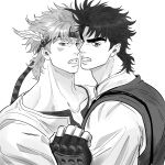  2boys absurdres acea_n angry battle_tendency caesar_anthonio_zeppeli cheek_press clenched_teeth derivative_work face-to-face facial_mark feather_hair_ornament feathers fingerless_gloves gloves hair_ornament headband highres jojo_no_kimyou_na_bouken joseph_joestar joseph_joestar_(young) male_focus manga_panel_redraw multiple_boys sweater_vest teeth 