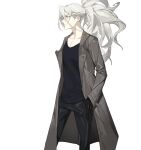  1boy alchemy_stars alternate_hairstyle black_gloves brown_eyes charon_(alchemy_stars) closed_mouth coat collarbone gloves grey_background grey_coat grey_hair hair_between_eyes hand_in_pocket highres long_hair male_focus open_clothes open_coat ponytail simple_background solo thumb_in_pocket very_long_hair viiiper 