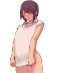  1girl boku_no_hero_academia bottomless breast_conscious clenched_hands flat_chest jirou_kyouka nervous niko_(toitoi210) outstretched_arms pussy shirt shirt_tug short_hair simple_background standing t-shirt thighs 
