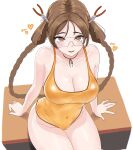 1girl :d absurdres arin6006 arm_support blush braid breasts brown_hair cleavage collarbone covered_navel doctor_(last_origin) feet_out_of_frame goggles groin heart highres large_breasts last_origin leotard long_hair looking_at_viewer older pliers round_teeth sitting skin_tight smile solo teeth transparent_eyewear twin_braids very_long_hair yellow_leotard 