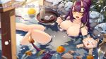  1girl bangs blunt_bangs blurry blurry_foreground blush breasts choko_(cup) cleavage cluseller collarbone commission completely_nude cup daifuku day demon_tail dog english_text eyebrows_visible_through_hair falling_leaves fang food food-themed_hair_ornament fruit furrowed_brow hair_bun hair_ornament highres holding holding_cup horns in_water indie_virtual_youtuber large_breasts leaf leaning_back long_hair looking_at_viewer lower_teeth mandarin_orange mochi nude oni oni_horns onigiri_(vtuber) onigiri_hair_ornament onsen open_mouth outdoors partially_submerged purple_hair purple_tail rock second-party_source sitting skin_fang snow snowing solo tail teeth tokkuri tray tsurime two-tone_tail very_long_hair virtual_youtuber water wet yellow_eyes yellow_tail 