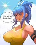  1girl armlet bagjunba_(qkrgk198) blue_eyes blue_hair blush breasts covered_nipples earrings english_text fingerless_gloves gloves highres hot jewelry large_breasts leona_heidern nipples ponytail see-through sky sleeveless solo speech_bubble sunlight sweat sweatdrop talking tank_top the_king_of_fighters the_king_of_fighters_xv triangle_earrings yellow_tank_top 