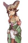  1girl african_wild_dog_(kemono_friends) animal_ear_fluff animal_ears bare_shoulders closed_mouth clothes_lift detached_sleeves dog_ears dress dress_lift halterneck kemono_friends lifted_by_self looking_at_viewer medium_hair multicolored_hair official_alternate_costume shuushuusha simple_background sleeves_past_wrists smile solo white_background 