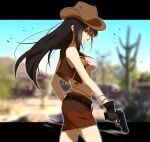  1girl absurdres bare_arms black_hair blurry blurry_background breasts cactus cow_girl cowboy_hat final_fantasy final_fantasy_vii final_fantasy_vii_remake gloves gun hair_between_eyes handgun hat highres holding holding_gun holding_weapon leather_skirt leather_vest long_hair medium_breasts midriff miniskirt mogu_(kuromezennkainopokke) red_eyes shirt skirt solo tifa_lockhart upper_body weapon white_shirt younger 