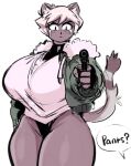  anthro blonde_hair brown_body brown_fur clothing colored digital_media_(artwork) domestic_cat felid feline felis female fingerless_gloves fur gloves gun hair handgun handwear jacket legwear mammal markings newtype_hero paula_(newtype_hero) pistol ranged_weapon shirt short_hair solo stout t-shirt tail_markings thick_thighs topwear weapon 