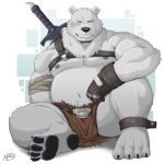  2022 anthro belly big_belly black_nose blush bottomwear clothing feet fur humanoid_hands kemono loincloth male mammal moobs naruever navel nipples overweight overweight_male polar_bear scar sitting solo ursid ursine weapon white_body white_fur 