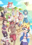  5girls 6+boys :d ;d ahoge alolan_marowak alolan_vulpix antenna_hair arms_up ash_ketchum baby bangs blonde_hair blue_eyes blue_hair blue_pants blue_sailor_collar bracelet braid braided_ponytail bright_pupils brown_eyes brown_hair brown_pants burnet_(pokemon) carrying chloe_(pokemon) clenched_hands closed_eyes clothes_around_waist cloud collared_shirt commentary_request day eevee eyelashes flip-flops flower gladion_(pokemon) goh_(pokemon) green_footwear grey_overalls grey_shirt grey_shorts grin grookey hair_flower hair_ornament hairband hat highres holding holding_pokemon hood hood_down hoodie jewelry kiawe_(pokemon) kukui_(pokemon) labcoat lana_(pokemon) lillie_(pokemon) mallow_(pokemon) mei_(maysroom) multiple_boys multiple_girls necklace no_sclera on_head one-piece_swimsuit one_eye_closed open_mouth orange_hair outdoors overalls palm_tree pants pikachu pink_flower pink_footwear pink_shirt pokemon pokemon_(anime) pokemon_(creature) pokemon_journeys pokemon_on_head red_footwear red_shorts rotom rotom_dex sailor_collar sand sandals shirt shoes shore short_hair short_sleeves shorts sitting sky sleeveless sleeveless_shirt smile sophocles_(pokemon) standing swimsuit swimsuit_under_clothes t-shirt tapu_koko teeth toes togedemaru tongue topless_male torn_clothes torn_pants tree tsareena upper_teeth water white_headwear white_pupils white_shirt yellow_hairband z-ring 