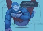  abdominal_bulge anthro ape belly big_belly dialogue gorilla gutsybeast hammock haplorhine lying male mammal muscular muscular_male on_front primate rumbling_stomach same_size_vore vore 