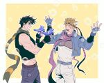  2boys acea_n bare_shoulders battle_tendency biceps blonde_hair blue_eyes blue_jacket brown_hair bubble bubble_gun caesar_anthonio_zeppeli crop_top dual_wielding feather_hair_ornament feathers fingerless_gloves gloves green_scarf grin hair_ornament headband highres holding jacket jojo_no_kimyou_na_bouken joseph_joestar joseph_joestar_(young) male_focus midriff multicolored_clothes multicolored_scarf multiple_boys pink_scarf scarf smile striped striped_scarf triangle_print vertical-striped_scarf vertical_stripes water_gun 