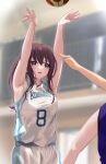  1girl 2others absurdres armpits arms_up basketball basketball_uniform blurry blurry_background blush depth_of_field highres indoors li_zhu looking_afar motion_blur multiple_others original playing_sports ponytail red_eyes red_hair sportswear sweatdrop 
