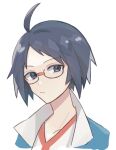  1boy ahoge bangs black_hair cheren_(pokemon) closed_mouth collarbone commentary_request glasses grey_eyes jacket looking_to_the_side male_focus pokemon pokemon_(game) pokemon_bw shirt short_hair sioinari_03 solo upper_body white_background white_shirt 