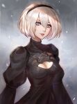  1girl black_dress blue_eyes bob_cut breasts cleavage cleavage_cutout clothing_cutout dress grey_background hair_between_eyes hairband high_collar highres lukrevadraws medium_breasts mole mole_under_mouth nier_(series) nier_automata parted_lips puffy_sleeves short_hair smile solo upper_body white_hair yorha_no._2_type_b 