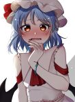  1girl bangs black_wings blue_hair blush collared_shirt commentary_request eringi_(rmrafrn) eyebrows_visible_through_hair fang frilled_shirt frills hand_up hat highres looking_at_viewer mob_cap nail_polish nose_blush parted_lips red_eyes red_nails remilia_scarlet shirt simple_background sleeveless sleeveless_shirt solo touhou white_background white_headwear white_shirt wings 
