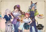  2boys 2girls alternate_costume animal_ears apron bangs bare_shoulders beanie belt blue_hair bowl bracelet braid breasts brown_eyes brown_hair cleavage collar company_name copyright denim denim_shorts denim_skirt drang_(granblue_fantasy) earrings flower food food_on_face granblue_fantasy green_shirt grey_eyes hair_flower hair_ornament hand_in_own_hair hand_on_hip hat holding holding_plate holding_tray horns jewelry large_breasts medium_breasts multiple_boys multiple_girls necklace noa_(granblue_fantasy) off-shoulder_shirt off_shoulder official_art open_mouth pink_hair plate pointy_ears pouch rosetta_(granblue_fantasy) salad shirt short_hair short_sleeves shorts side_ponytail skirt smile standing sturm_(granblue_fantasy) tank_top tray tropical_drink waist_apron white_hair white_headwear white_shirt yellow_eyes 