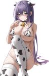  1girl animal_ears animal_print bad_id bad_twitter_id bangs bell biya_(1024) black_choker blush breasts choker closed_mouth cow_ears cow_horns cow_print eyebrows_visible_through_hair hand_up highres horns large_breasts long_hair looking_at_viewer neck_bell original purple_hair sideboob simple_background solo symbol-only_commentary thighhighs thighs underboob white_background yuna_(biya_(1024)) 