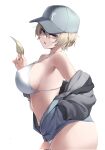  1girl bangs baseball_cap bikini bikini_under_clothes breasts covered_nipples cowboy_shot from_side front-tie_top girls_und_panzer hair_between_eyes halterneck hand_in_pocket hat highres holding ka941 large_breasts large_pectorals looking_at_viewer off_shoulder open_mouth pectorals short_hair sideboob simple_background skindentation solo swimsuit thick_thighs thighs unzipped white_background white_bikini youko_(girls_und_panzer) 