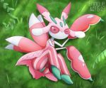  2022 arthropod clothing detailed_background enrique849 female feral hi_res lurantis multicolored_body nintendo not_furry one_eye_closed panties panty_shot pink_body pink_eyes pok&eacute;mon pok&eacute;mon_(species) signature solo two_tone_body underwear video_games 