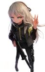  1girl bangs black_footwear black_jacket black_legwear black_shirt black_skirt boots brown_eyes closed_mouth dokomon eyebrows_visible_through_hair feet_out_of_frame girls&#039;_frontline grey_hair gun h&amp;k_ump40 hand_up holding holding_gun holding_weapon jacket long_hair long_sleeves object_namesake open_clothes open_jacket pantyhose shirt simple_background skirt smile solo standing star-shaped_pupils star_(symbol) symbol-shaped_pupils ump40_(girls&#039;_frontline) very_long_hair w weapon white_background 