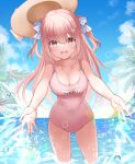  1girl ass_visible_through_thighs bare_arms bare_shoulders blue_sky bow breasts brown_headwear cleavage cloud collarbone commentary_request copyright_request day hair_bow hat hat_removed headwear_removed highres horizon large_breasts long_hair mashiro_aa ocean old_school_swimsuit one-piece_swimsuit outdoors palm_tree pink_hair pink_swimsuit plaid plaid_bow rainbow school_swimsuit sky solo standing swimsuit tree two_side_up very_long_hair virtual_youtuber water water_drop white_bow 