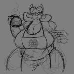  absurd_res anthro apron beverage big_breasts bottomwear bovid bovine breasts brewheardt cattle clothing coffee dessert doughnut female food hi_res huge_breasts mammal maybel monochrome overweight pants shirt sketch solo topwear wide_hips 
