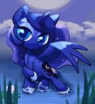  blue_body blue_hair blue_tail clothing cutie_mark digital_media_(artwork) equid equine eyelashes feathered_wings feathers female feral footwear friendship_is_magic hair half-closed_eyes hasbro hi_res horn lily_pad mammal my_little_pony narrowed_eyes plant princess_luna_(mlp) shoes smile solo thatna water winged_unicorn wings 