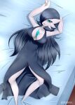  2022 3_fingers absurd_res baterco bed big_breasts blue_eyes blue_hair breasts cleavage clothed clothing detailed_background elegant_dress female fingers furniture gardevoir hair hair_over_eye hi_res humanoid long_hair looking_at_viewer lying lying_on_bed nintendo not_furry on_bed one_eye_obstructed open_mouth panties panty_shot pok&eacute;mon pok&eacute;mon_(species) signature solo underwear video_games 