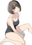  1girl black_swimsuit breasts brown_eyes brown_hair cleavage collarbone commentary_request competition_school_swimsuit highres juice_box looking_at_viewer medium_breasts original school_swimsuit shiruco short_hair sitting solo swimsuit 