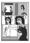  absurd_res anthro beverage cheetah clothed clothing coffee comic dialogue domestic_cat door eyewear felid feline felis female glasses hi_res humanoid mammal marshbreeze monochrome simple_background window 