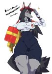  &lt;3 2021 5_fingers ariette_giocometti_(hideki_kaneda) biped black_body black_ears black_fur black_hair black_nose black_tail blue_overalls breasts canid canine canis claws clothing dark_ears dark_hair dark_nose dark_tail digital_media_(artwork) domestic_dog eyebrow_through_hair eyebrows finger_claws fingers fur fur_tuft gift_box grey_body grey_claws grey_fur grin hair hair_between_eyes hat headgear headwear humanoid_hands italian_flag kemono leg_tuft long_sleeves mammal medium_breasts monotone_claws monotone_ears monotone_eyebrows monotone_hair monotone_nose monotone_tail overalls pink_inner_ear red_clothing red_eyebrows red_eyes red_hat red_headwear simple_background smile snout standing teeth teteteko thigh_gap translucent translucent_hair tuft white_background zipper 