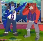  &copy; 2022 absurd_res anthro arena canid canine canis duo hi_res hyaenid kazuhisa kbh_yeen looking_each_other male mammal panel_de_pon reddy_(kbh_yeen) symbol tetris tetromino wolf 