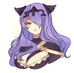  1girl artist_name between_breasts breasts camilla_(fire_emblem_if) cleavage fire_emblem fire_emblem_if hair_over_one_eye highres large_breasts lazymimium long_hair nintendo parted_lips purple_eyes purple_hair simple_background solo tiara white_background 