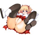  adapted_uniform arao bad_id bad_pixiv_id blonde_hair blue_eyes blush cameltoe fat_mons hakama japanese_clothes miko night_wizard pearl_cool pussy red_hakama short_hair solo spread_legs thighhighs 