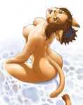  animal_ears artist_request ass breasts brown_eyes brown_hair cat_ears cat_tail cleavage final_fantasy final_fantasy_xi hair_bun hair_ribbon hair_up large_breasts mithra muscle nipples nude pointy_ears ribbon short_hair solo tail toned water 