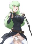  1girl artist_request bangs blush breasts c.c. censored code_geass covered_nipples cowgirl_position cum cum_in_pussy detached_sleeves girl_on_top green_hair hetero large_breasts no_panties penis saliva sex solo_focus straddling tears thighhighs vaginal 