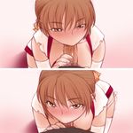 1girl :&gt;= blush breasts breasts_outside brown_eyes brown_hair dead_or_alive fellatio half-closed_eyes hetero highres japanese_clothes kasumi_(doa) kiriyama_taichi looking_at_viewer looking_up male_pubic_hair oral penis pov pubic_hair red_eyes solo_focus thighhighs uncensored 