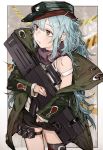  1girl assault_rifle bangs bare_shoulders black_shorts blue_hair blush brown_eyes eyebrows_visible_through_hair flat_cap g11_(girls_frontline) girls_frontline green_hat green_jacket gun h&amp;k_g11 hair_between_eyes hat highres hiranko holding holding_gun holding_weapon jacket long_hair long_sleeves looking_away looking_to_the_side object_namesake off_shoulder open_clothes open_jacket parted_lips rifle short_shorts shorts sleeves_past_wrists solo tank_top weapon white_tank_top 