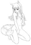  animal_ears apple bad_id bad_pixiv_id barefoot breasts food fruit greyscale holo kneeling long_hair mihoto_kouji monochrome nude sketch small_breasts solo spice_and_wolf tail 