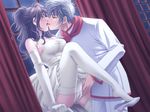  1girl bride brown_hair butlers choker dress dress_lift elbow_gloves feet fingering fujimori_tetta game_cg gloves grey_eyes hetero high_heels kiss night panties sayama_kotori shoe_dangle shoes thighhighs underwear wedding_dress white_dress white_panties window yamanoshita_shiori 