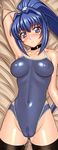  arm_at_side arm_behind_head blue_eyes blue_hair breasts cameltoe choker collarbone competition_school_swimsuit competition_swimsuit covered_navel covered_nipples cum fat_mons hayase_mitsuki kimi_ga_nozomu_eien large_breasts lying one-piece_swimsuit ponytail puffy_nipples see-through shiny shiny_clothes skin_tight solo swimsuit thighhighs yasuomi 