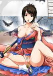  1girl bare_shoulders bird blood breasts censored crow gintama highres japanese_clothes kimono kondou_isao konkitto large_breasts naginata no_panties polearm pubic_hair pussy shimura_tae spread_legs tabi weapon 