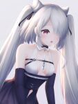  1girl :o absurdres azur_lane breasts clothing_cutout cone_hair_bun dress elbow_gloves gloves grey_background hair_horns halter_dress halterneck highres kiev_(azur_lane) kiev_(backstreet_silver_sonata)_(azur_lane) long_hair navel_cutout official_alternate_costume open_mouth purple_dress purple_gloves red_eyes simple_background small_breasts solo twintails two-tone_dress very_long_hair vldjm13 white_dress white_hair 